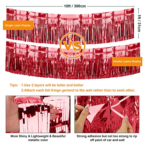 Image of 4 Pack Fringe Curtains, Metallic Foil Fringe Garland Shiny Tassel Float Parade Decorations for Trailer Car Graduation Homecoming Outdoor Indoor 4th of July Party (Red)