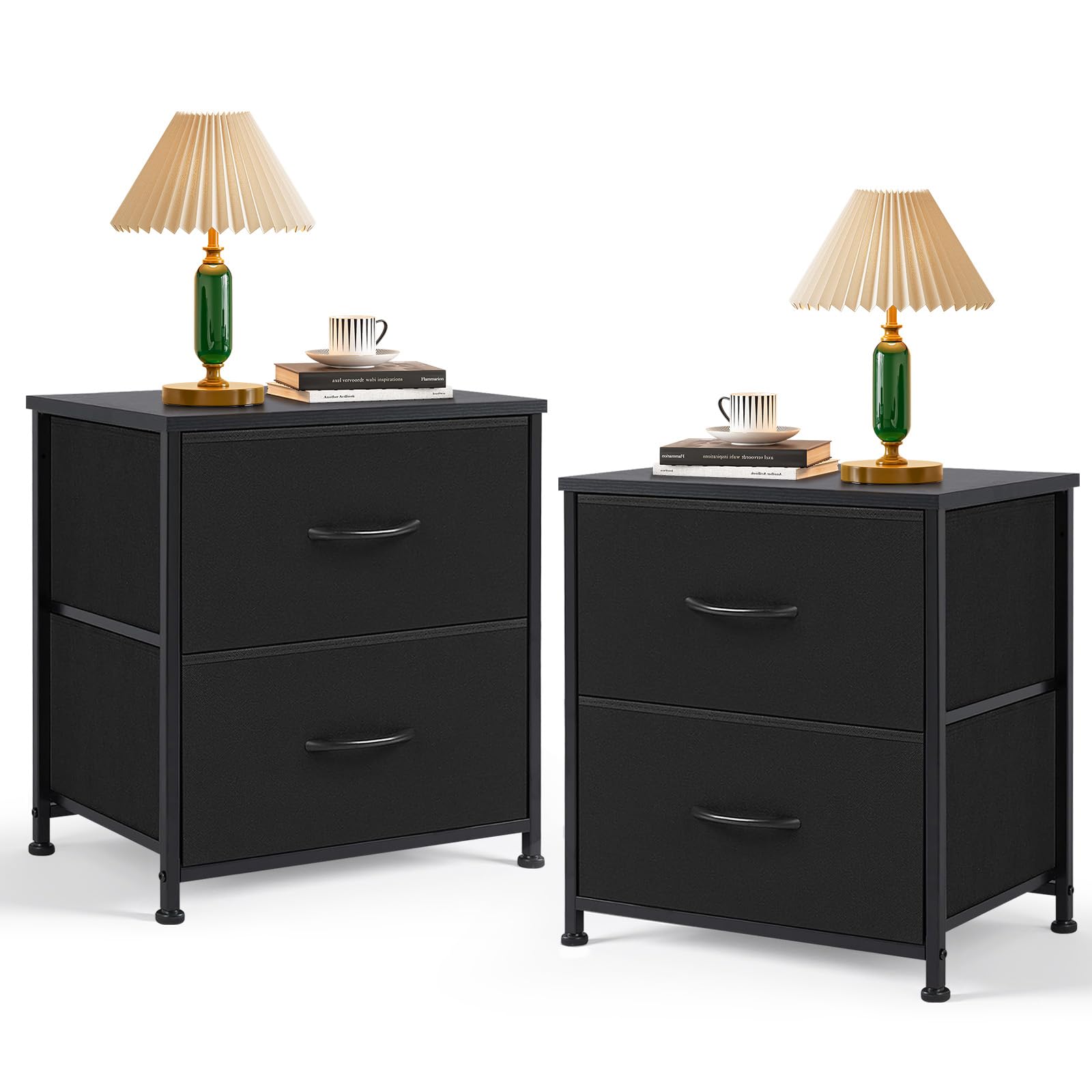 Nightstand Set of 2, Small 2 Drawer Dresser End Table Bedside Furniture, Wooden Top Fabric Bins for Bedroom, Closet, Entryway, Dorm, 11.8" D x 18" W x