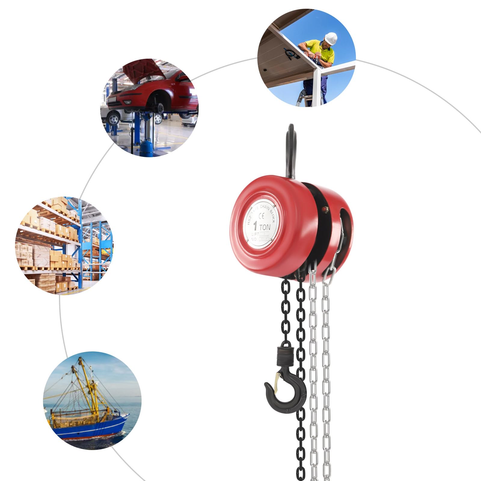 Paranco a catena manuale 1T, paranco a catena a mano con bordi lisci e protezione volante, ideale per carichi pesanti in diversi settori industriali (rosso)
