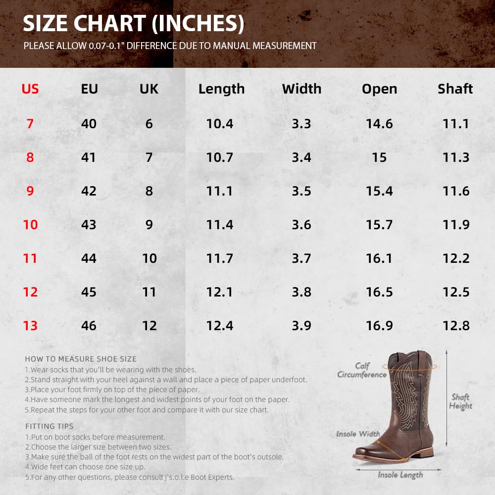 J's.o.l.e Stivali da cowboy da uomo, stile western, punta quadrata, retrò, ricamati, senza lacci, larghi, per equitazione, campagna, lavoro, marrone