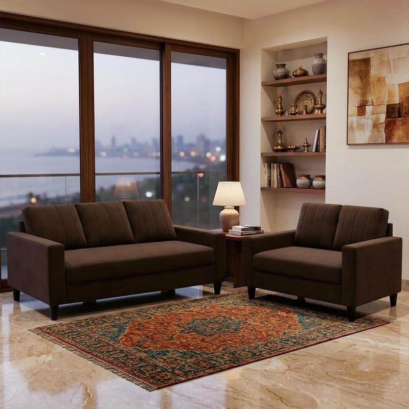 Image of Hendrick Plush Velvet 3 Seater + 2 Seater Sofa Set | Silken Velvet Suede Upholstery | Designer Sofa Set for Living Room & Office Spaces (Dark Brown)