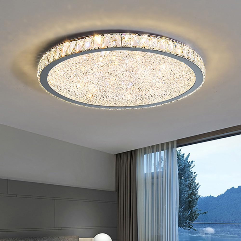 LYMSXAZOU Dimmable Crystal LED Flush Mount Ceiling Light Fixture for Bathroom Chrome Luxury Kitchen Ceiling(Diameter 40CM)