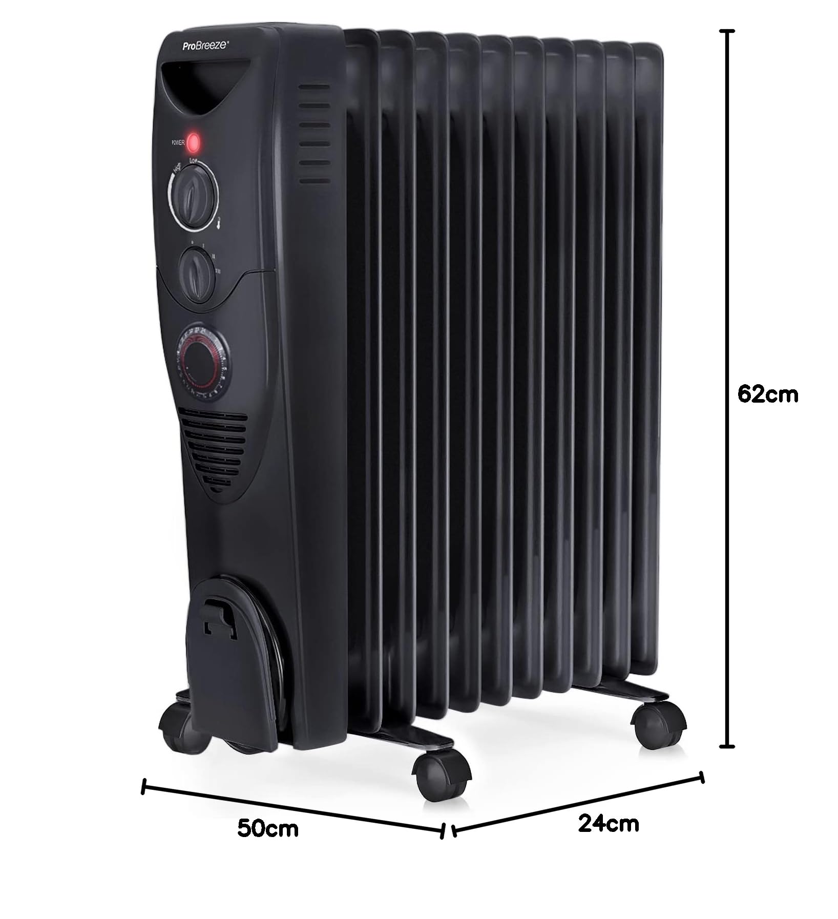 Pro Breeze Radiateur à bain d'huile 2500W, 11 éléments - Chauffage électrique portable avec Minuterie intégrée, 3 niveaux de chaleur, Thermostat réglable, Caractéristiques de sécurité intégrées - Noir