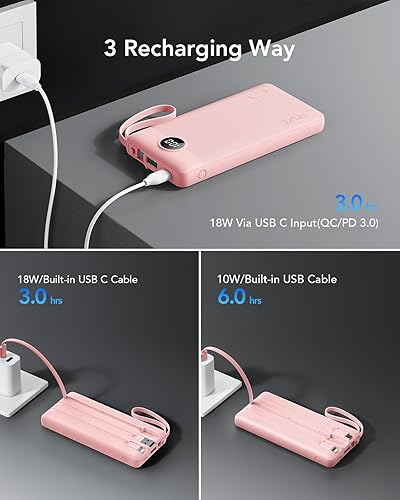 Miniatura 6 de VRURC Cargador de teléfono portátil, cargador portátil de carga rápida PD de 20 W para iPhone, banco de batería de 10000 mAh con cables, 4 salidas 3