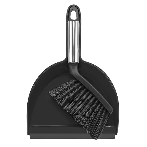 NACENA Mini Broom and Dustpan Set, Small Dust Pan and Brush Set, Black | Dust Pan and Brush Set with Handle Dustpan Teeth for Cleaning Hair Suitable for Office Desks Drawers Sofas Outdoor Camping