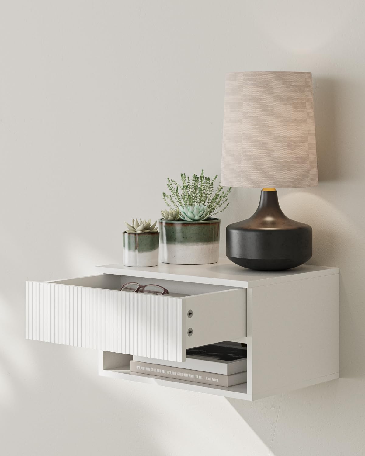 HEYZOEY Comodino sospeso, piccolo comodino mobile moderno con cassetto, scaffali galleggianti per camera da letto, bagno, bianco