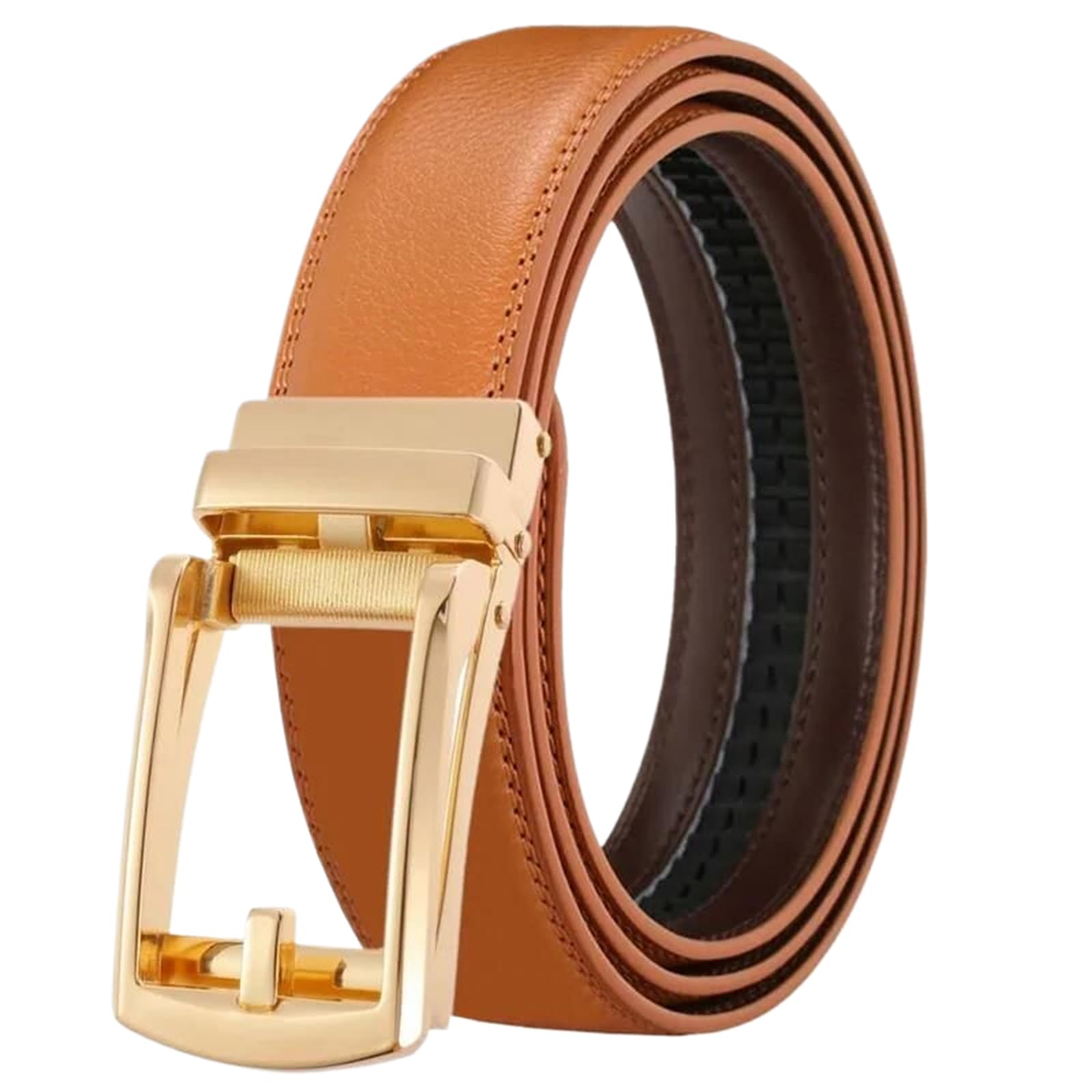 Apuavireo&Co Men's Yellowish Brown 3.1 Cm Genuine Leather Automatic Buckle Belt Cowhide Leather Belt With Alloy Buckle For (,110)