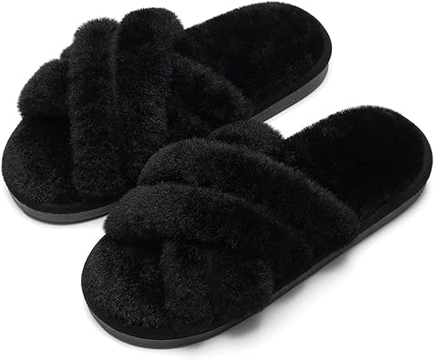 Womens Cross Band Fuzzy Slippers, Soft Open Toe House Slides, Fluffy Comfy Indoor Bedroom Floor Slippers