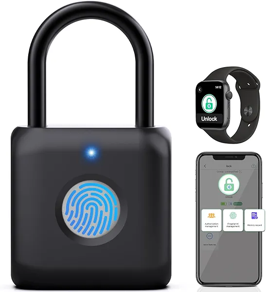 Pothunder Fingerprint Padlock, Smart Padlock, Locker Lock, Combination Lock, Fingerprint Lock with APP Unlock, USB Rechargeable, Suitable for Gym Locker, Door, Locker(Black)