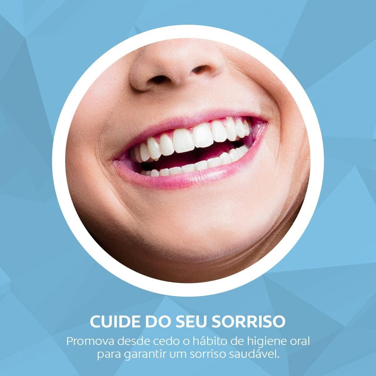 Imagem de dentes sorrindo saudáveis com texto sobre cuidado bucal