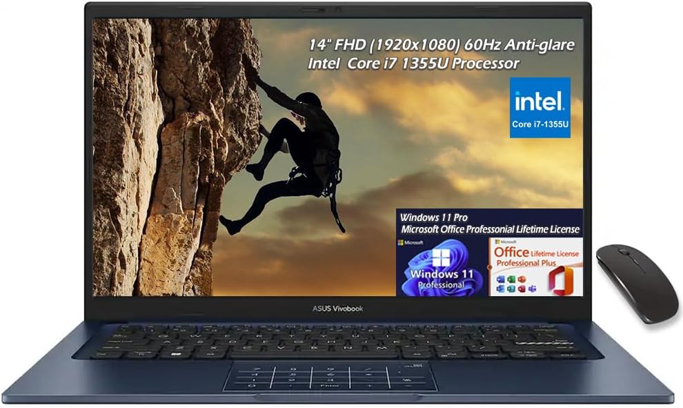 ASUS Vivobook 14″ FHD(1920 x 1080) LED 250 nits 60Hz Anti-Glare, Intel 13th Gen Core i7 1355U, 12GB DDR4 512GB SSD, Wi-Fi5, Bluetooth, Win11Pro Office Lifetime License, Quiet Blue, w/Mouse, W/GaLiMu ASUS Vivobook 14″ FHD(1920 x 1080) LED 250 nits 60Hz Anti-Glare, Intel 13th Gen Core i7 1355U, 12GB DDR4 512GB SSD, Wi-Fi5, Bluetooth, Win11Pro Office Lifetime License, Quiet Blue, w/Mouse, W/GaLiMu