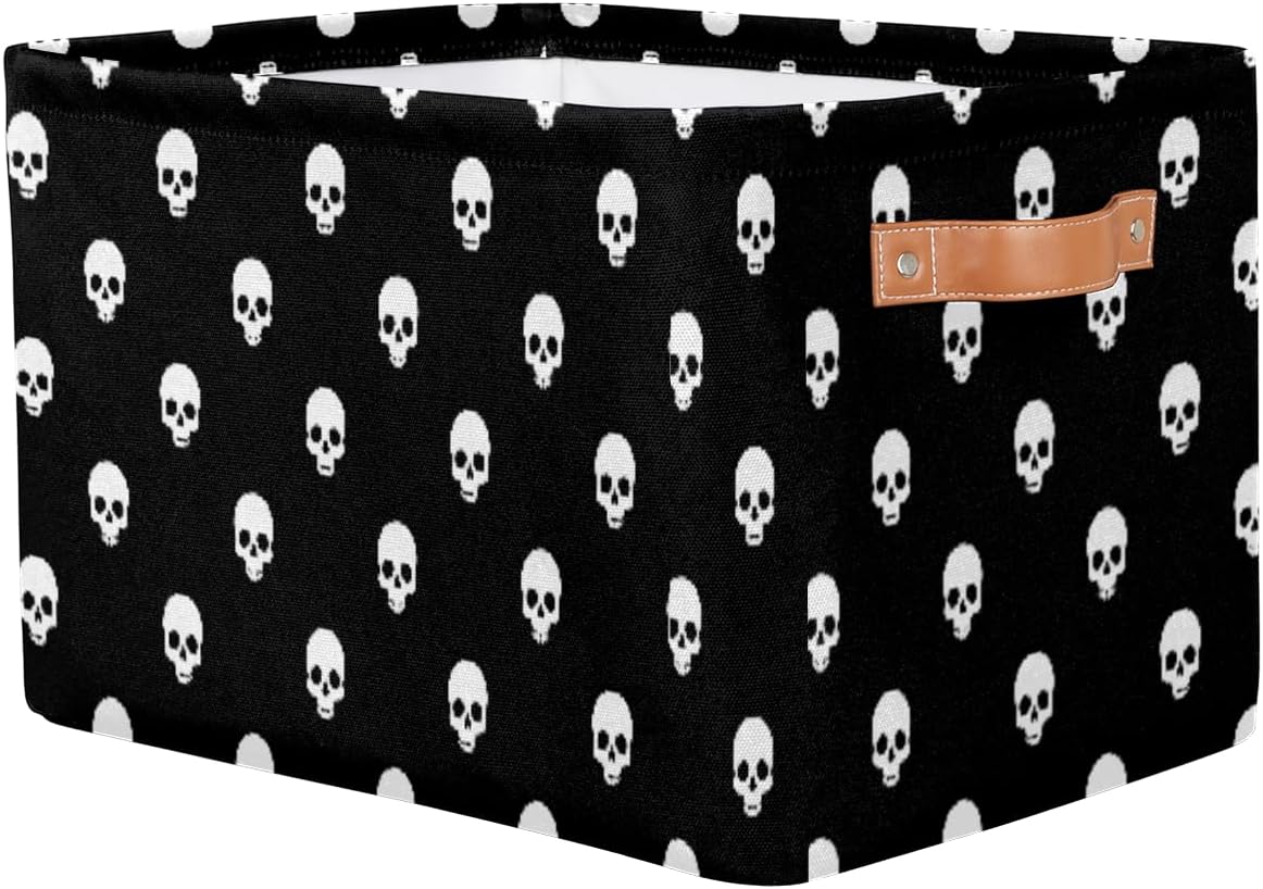 Skull Skeleton Pattern Cube Storage Bin with Handle Collapsible Laundry Storage Basket Rectangle Container Box for Home Office Closet Shelves 1 Pack