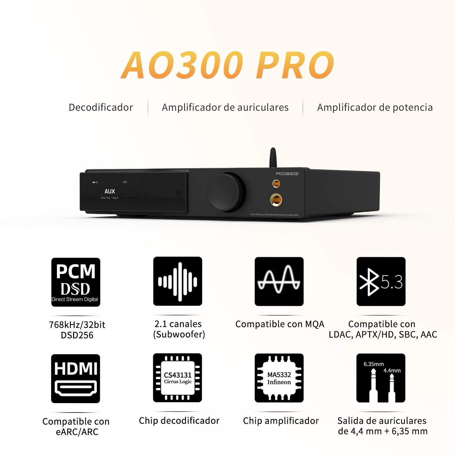 SMSL AO300 PRO DAC Amplificador de Potencia 165 W | Entradas USB, Coaxial, Óptico, HDMI eARC y RCA para Altavoces y Subwoofer de 2.1 Canales | Amp de Auriculares 4,4 mm / 6,35 mm, Color Plata