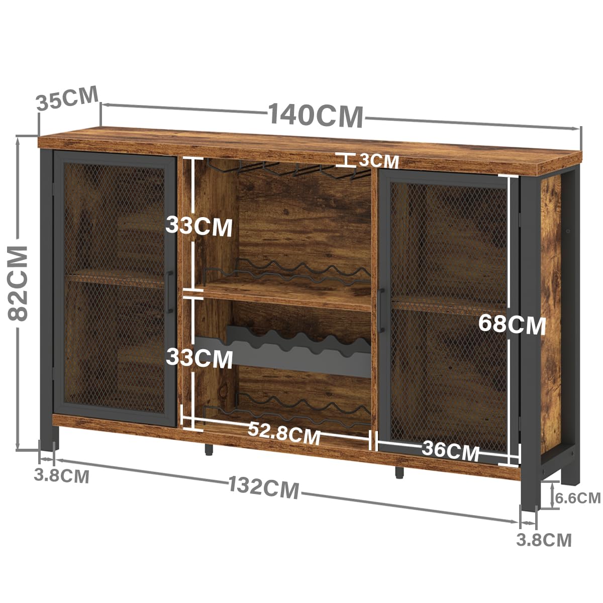 IBF Weinschrank Barschrank mit Weinregal und Glashalter Industrial Küchenschrank Kaffeebarschrank Sideboard Weinbarschrank für Küche Esszimmer Wohnzimmer Eingangsbereich,140 cm Rustikales Braun