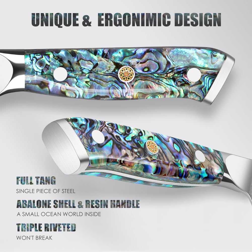 KEENZO 3PCS Kitchen Knife Set,Professional kitchen knives with 8" Chef knife,7" Santoku knife,5" Utility Knife,Japanese Hand Forged Damascus Steel Cooking knife set,Ergonomic Abalone Shell Handle — Amazon image 5