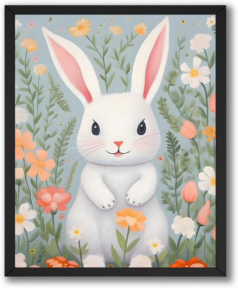InkFlow Posters Adorable White Bunny in Flower Garden Poster - Adorable Bunny Illustration - Animal Art Print - Home Wall Decor Accent - Kids Bedroom Nursery Gift - 16x20 Unframed Canvas Print