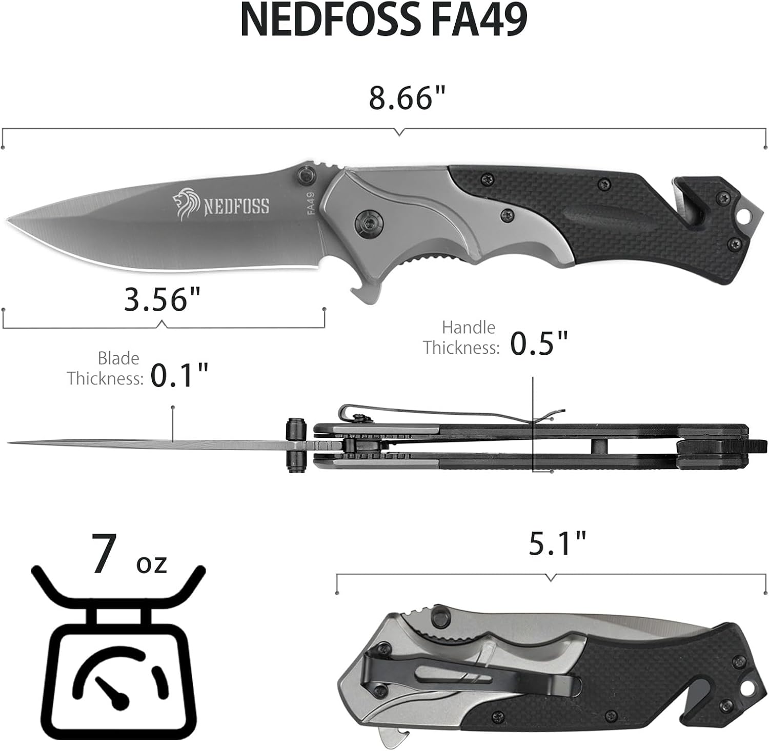 NedFoss FA49 Pocket Knife for Men, 4-in-1 Multitool Folding Knife with Glass Breaker, Seat Belt Cutter, Bottle Opener, Survival Knife for Emergency Rescue Situations, Home Improvements