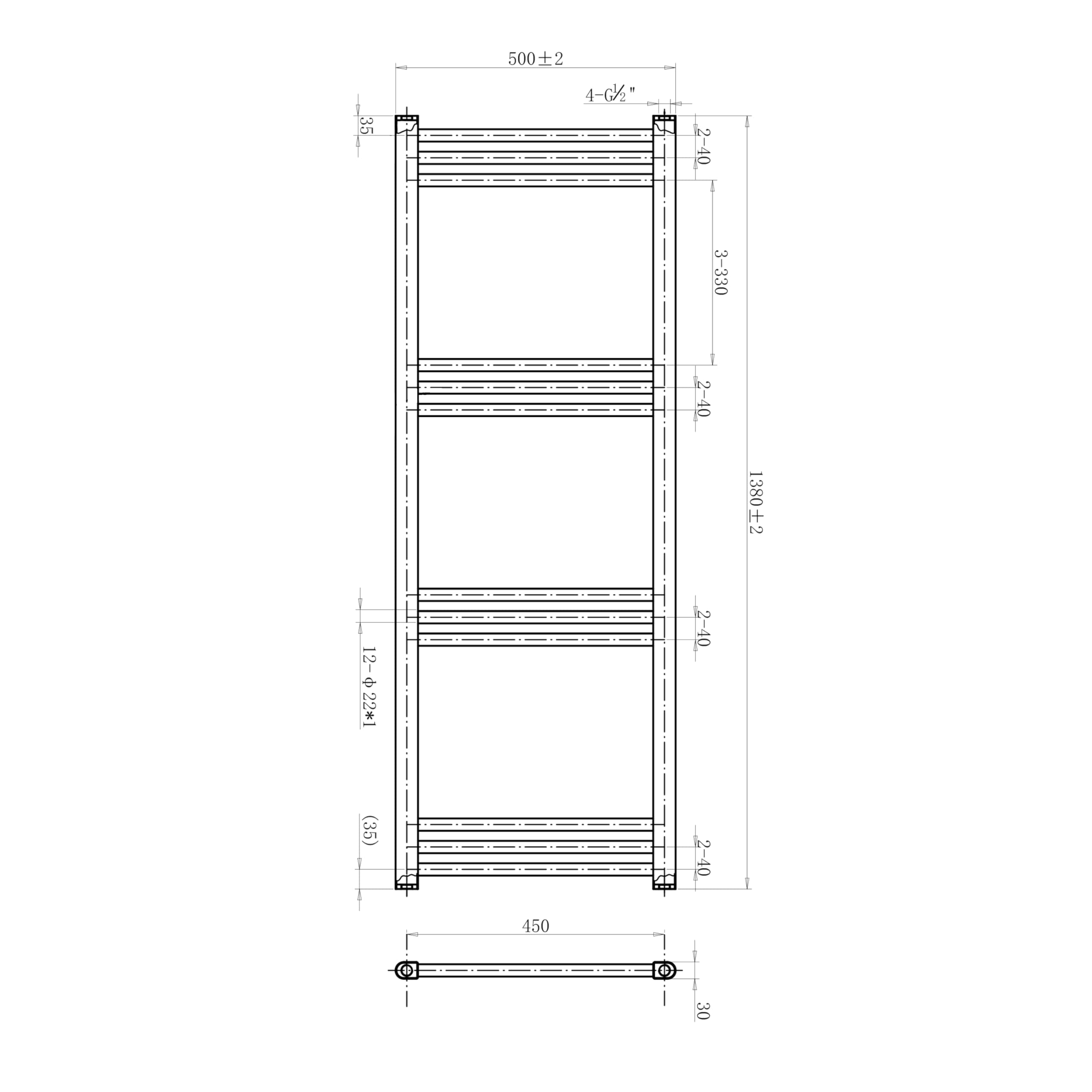 Aica Sanitarios Negro Radiador Toallero de Agua, Calentador de baño, Calienta Toallas Rápidamente (1380x500 mm)