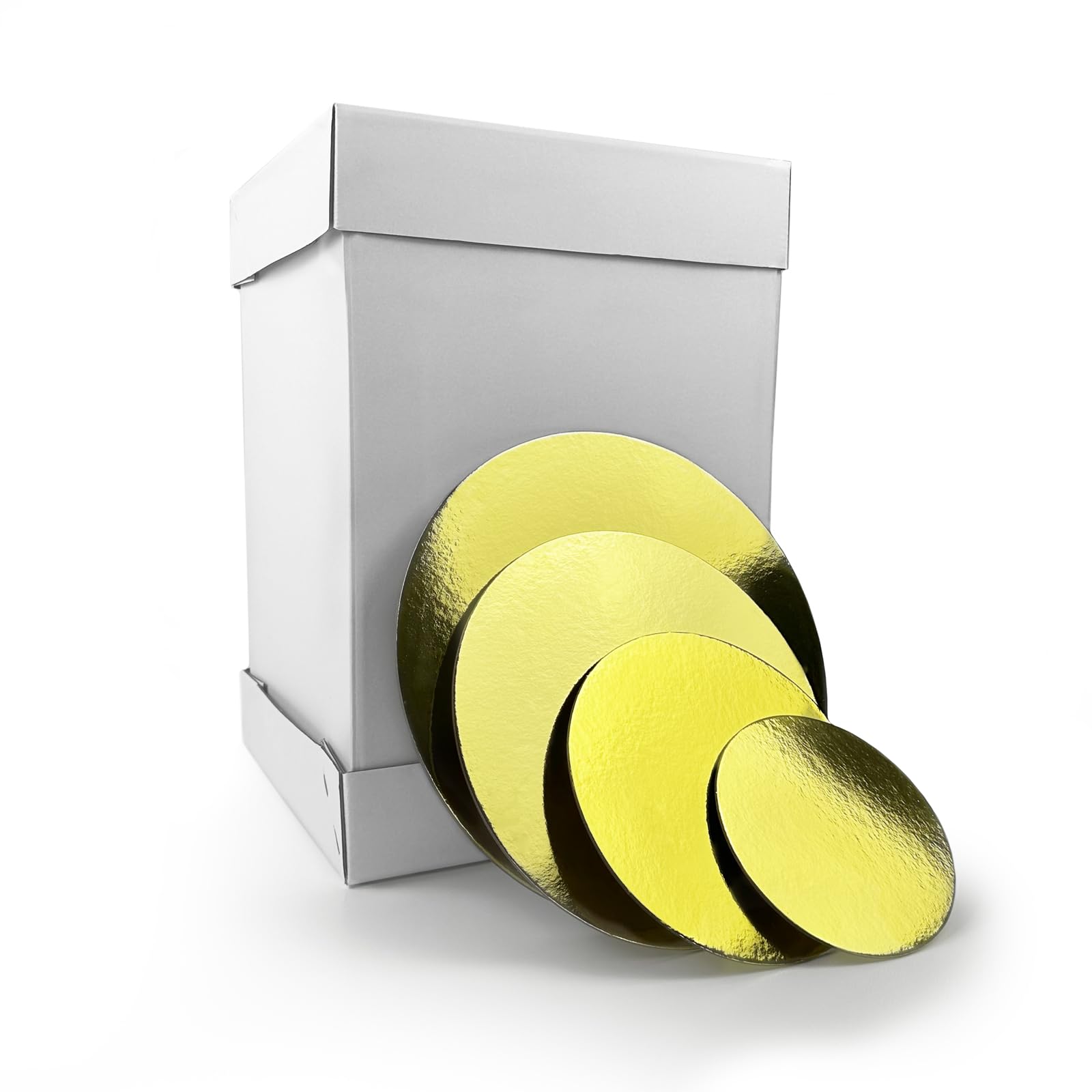 Miss Bakery's House® Cake Box Set 1014: 30 x 30 x 45 cm with Cake Board Set 2 mm Diameter 15 + 20 + 25 + 30 cm (Set of 4) – Double-Sided (Silver & Gold) – Box for Multi-Tier Cakes