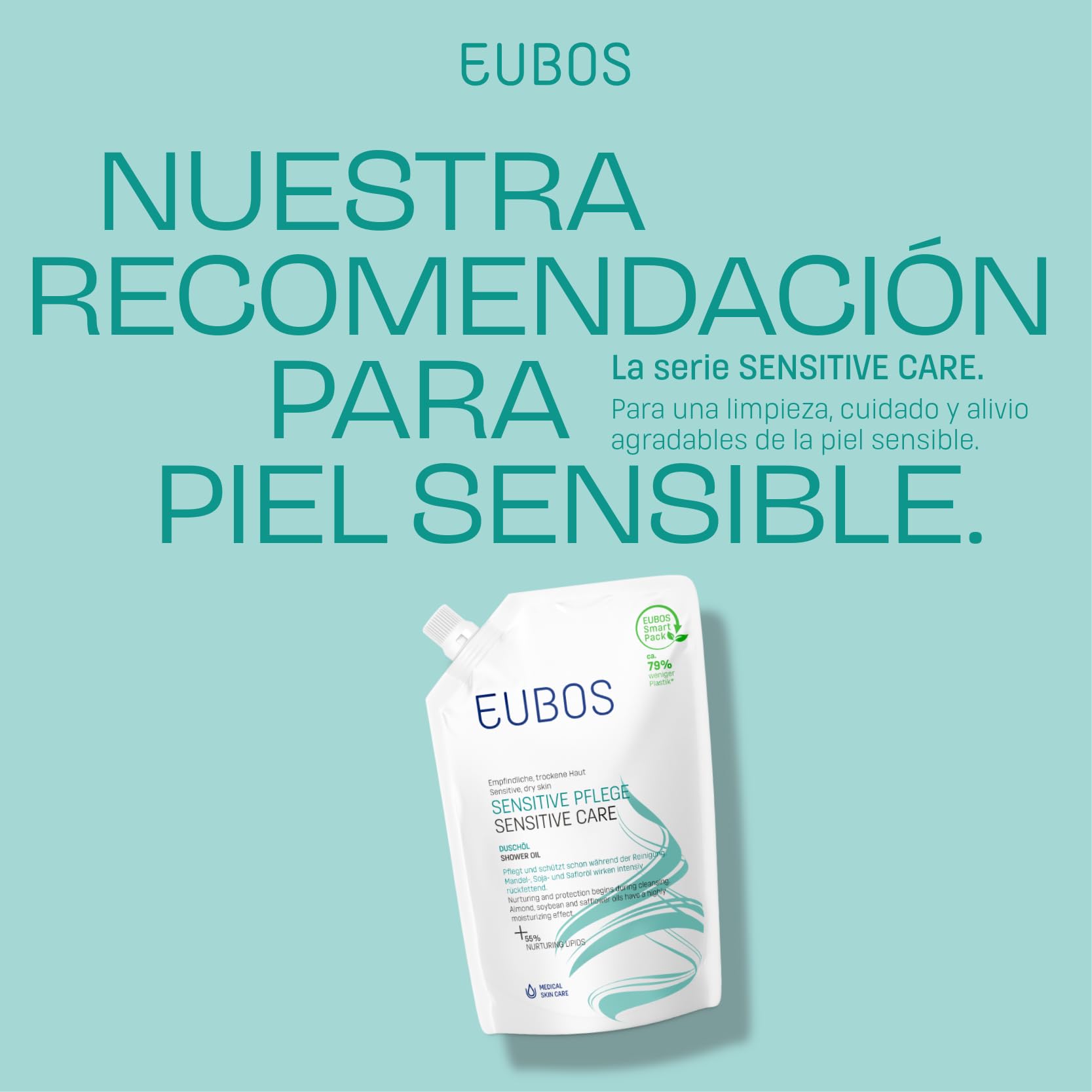 EUBOS Cura sensibile, sacchetto di ricarica per olio da doccia, olio doccia benefico per pelli sensibili e secche, per la pulizia quotidiana e nutriente, tollerabilità cutanea dermatologicamente