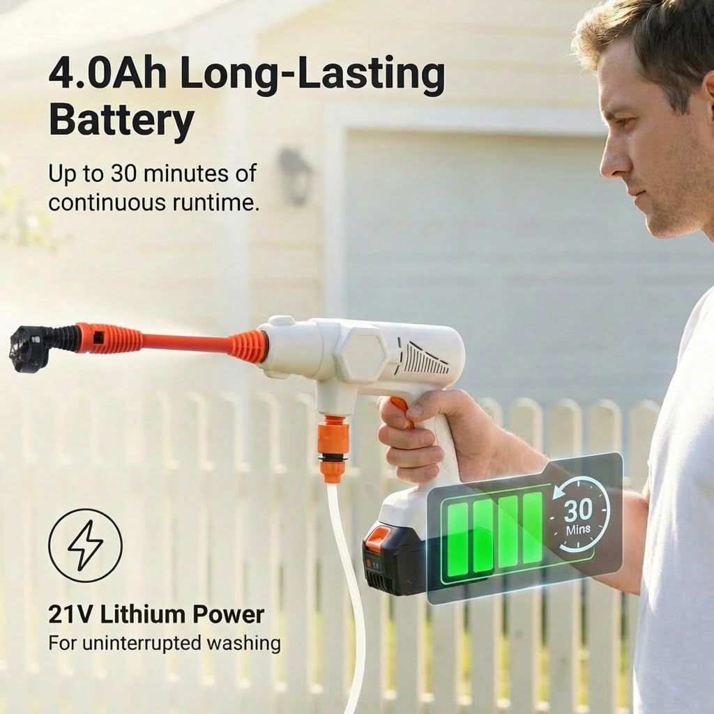 Kalopsia Idropulitrice Portatile a Batteria:Potente Pressione 1400 PSI Con Spruzzatore 6 in 1 Multifunzione Leggera Wireless 21V 4.0Ah Per Auto Giardino Casa - Adatto Per Outdoor Famiglie - 4