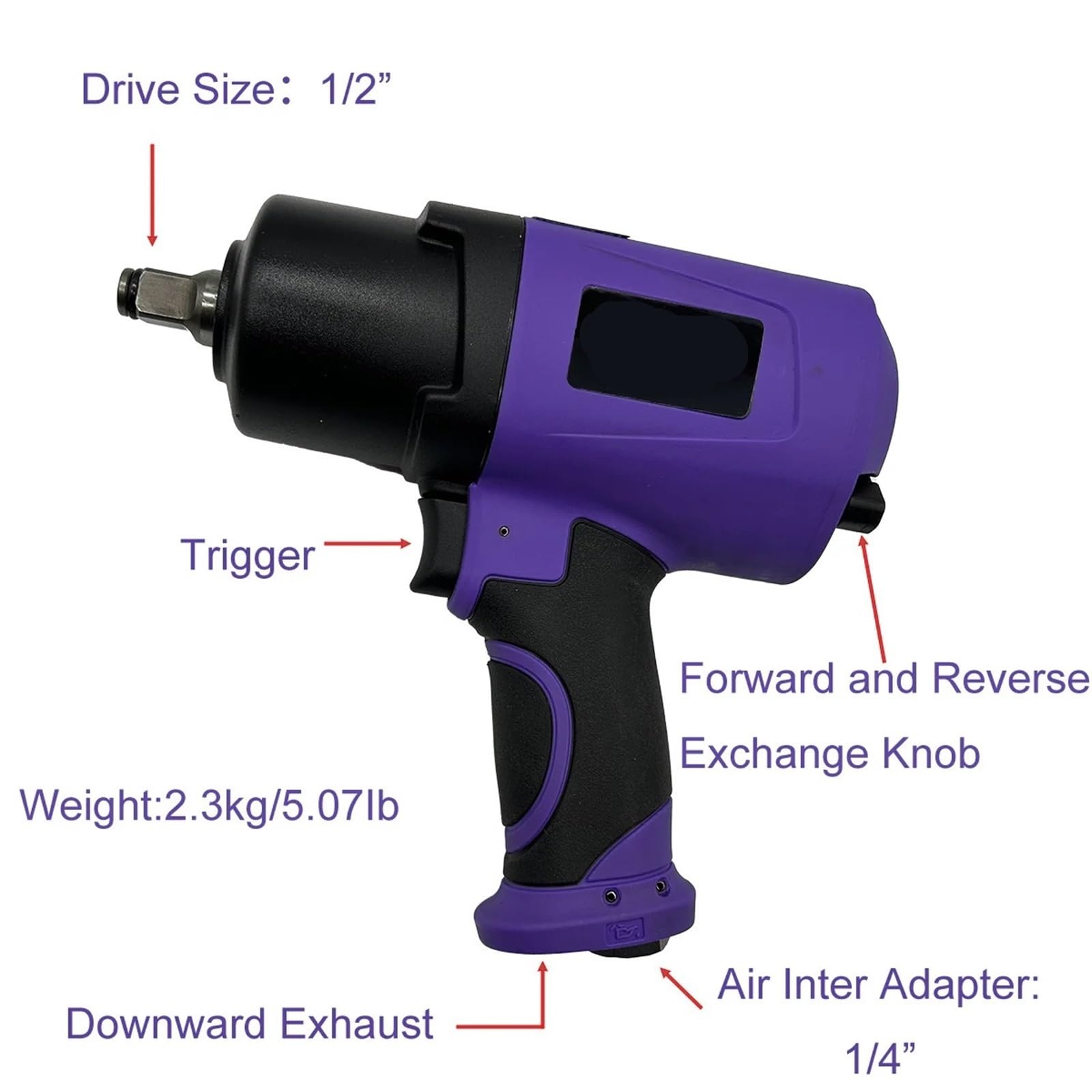 Chiave a percussione pneumatica composita da 1/2 pollice, doppio martello, coppia di allentamento massima 1300 piedi for libbra, 8000 giri/min, pistola a for impieghi gravosi