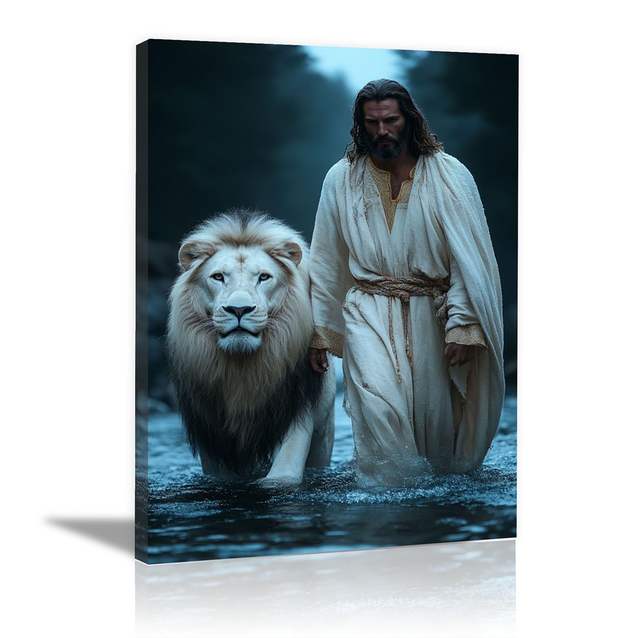 QUSAAOU Jesus Wall Jesus in Passion Decor Vintage Religious Prints Painting Neutral God Poster Artwork Living Room Bedroom Hallway Home Decoration(blue)-50x70cm Framed