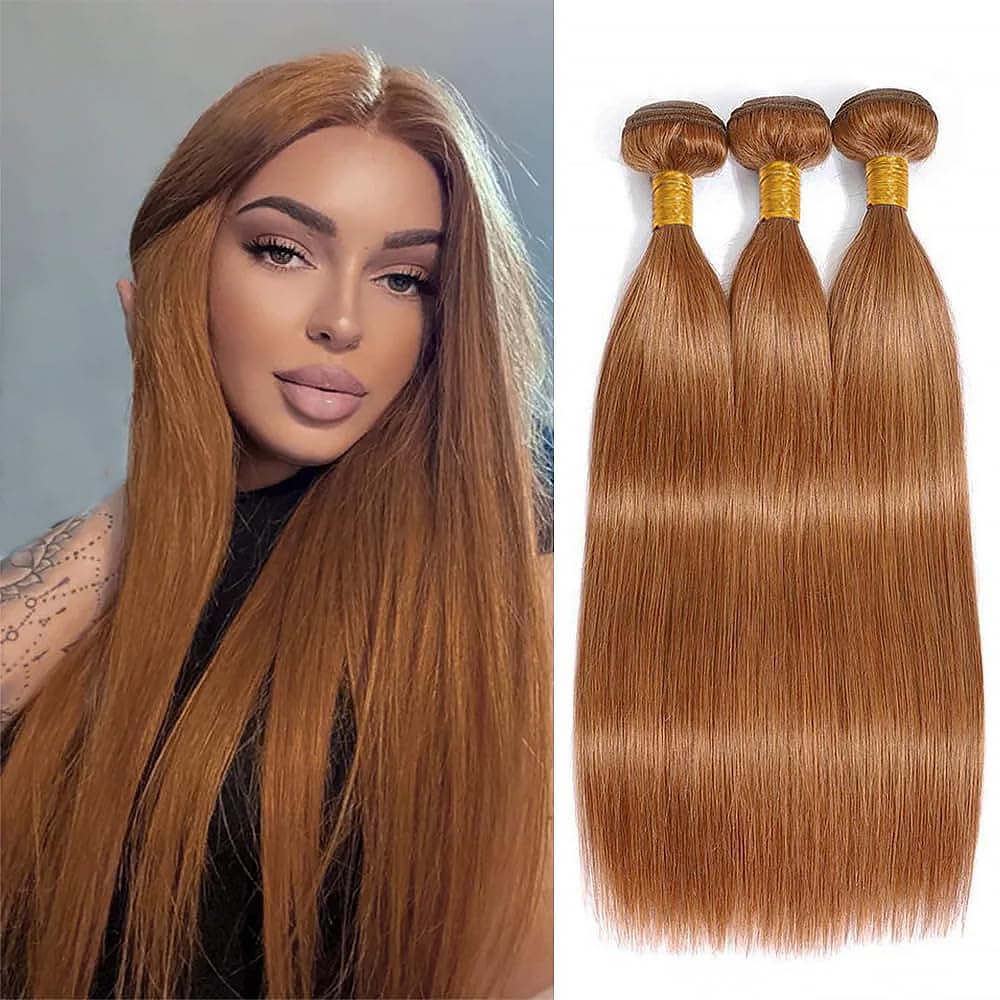 Photo 1 of #30 Straight Human Hair Bundles 14 16 18 Inch Brown Bundles Human Hair Unprocessed Native Virgin Hair 100/PC 3 Extensions Light Brown Color Wet and Wavy Human Hair Extensions for Women