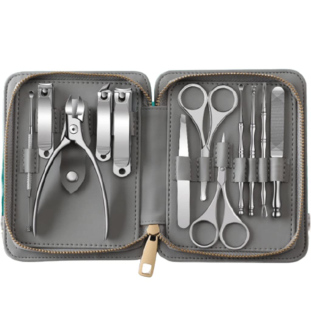 Profesional Set de manicura 12 PCS Professional Nail Clippers Kit Herramientas de Acero Inoxidable Kit de Aseo for Mujer Hombre Niños PU Caja de Cuero A Salvo (Color : Gris)