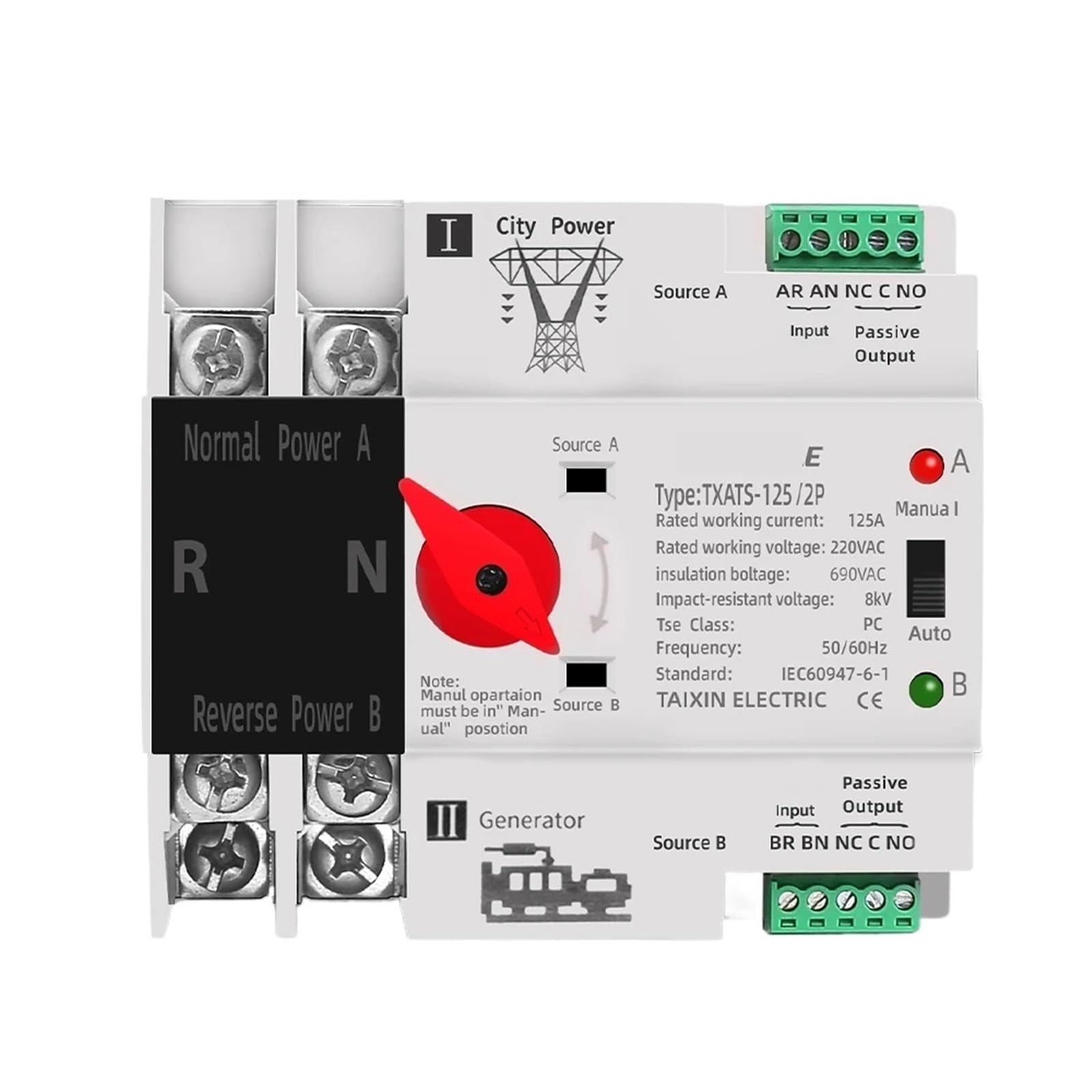 Einphasige Din-Schiene ATS 220 V Dual Power Transfer Elektrische Wahlschalter Unterbrechungsfreie Stromversorgung 2P 63A 100A 125A(100A)
