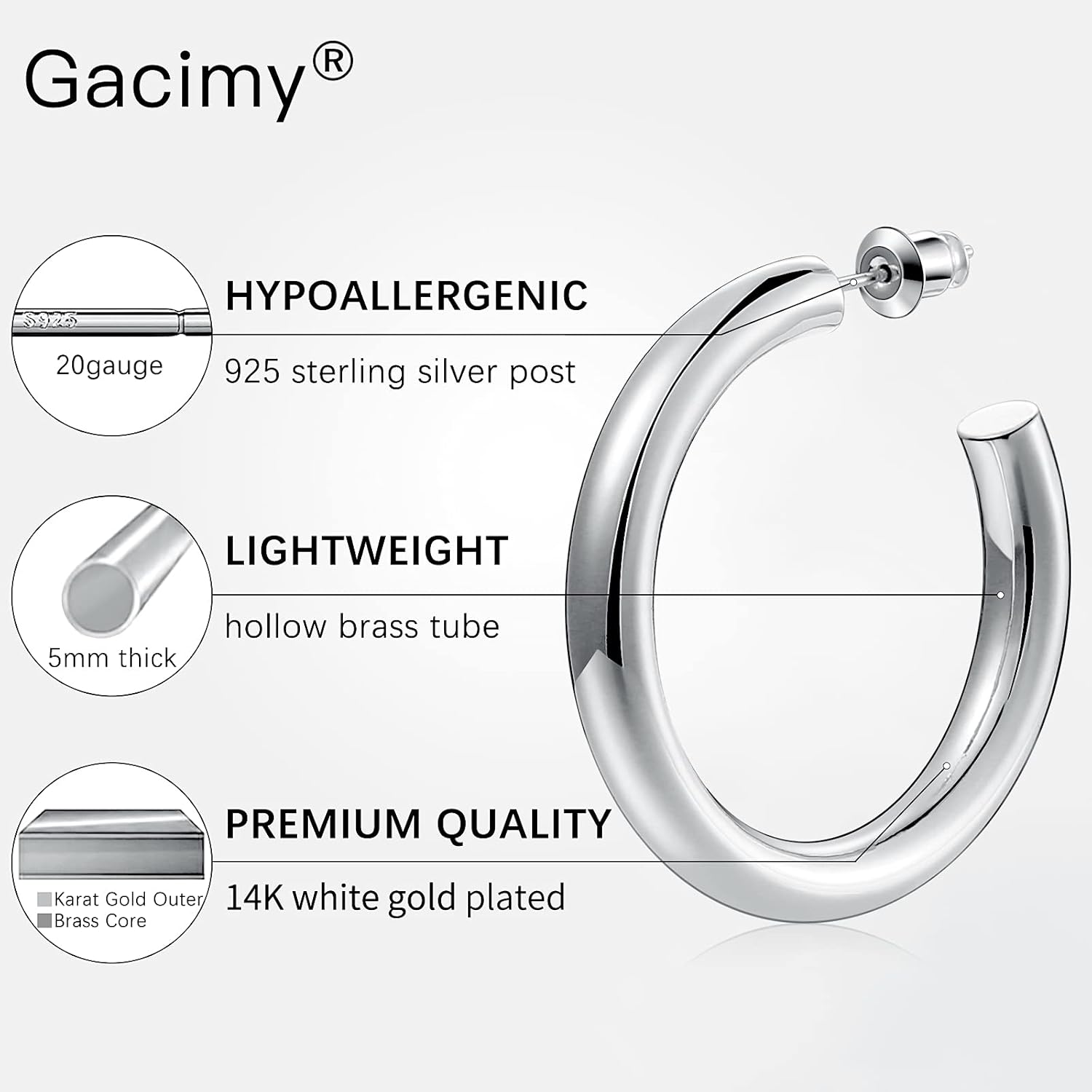 Gacimy Chunky Hoop Earrings for Women 14K Gold Plated, 925 Sterling Silver Post Hoops for Women - Image 2