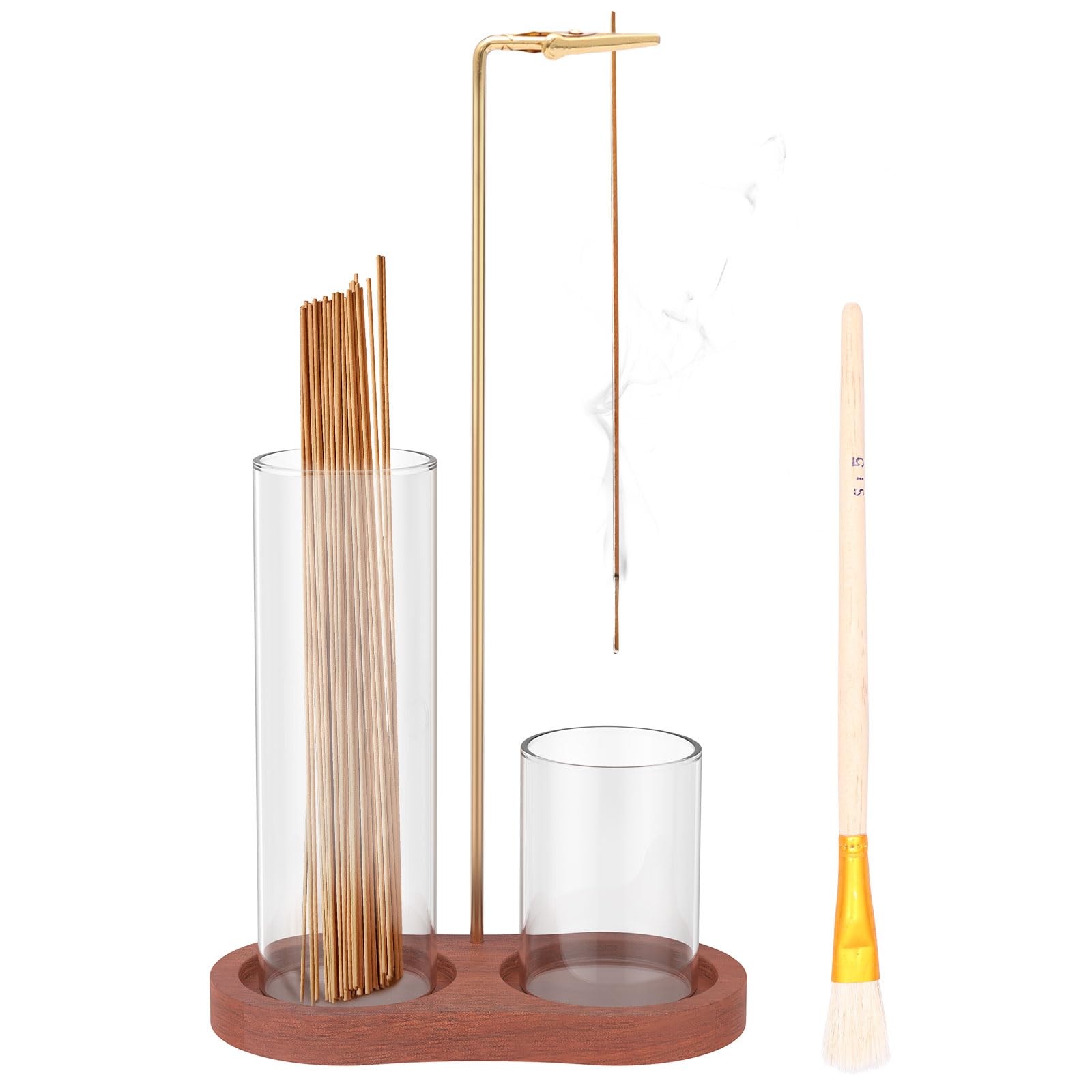 2 in 1 Incense Holder,Wood Incense Holder for Sticks with Glass Ash Catcher & Brush, Anti Ash Incenses Burner Holders for Meditation Yoga Spa Home Room Decor(Shabili Wood)