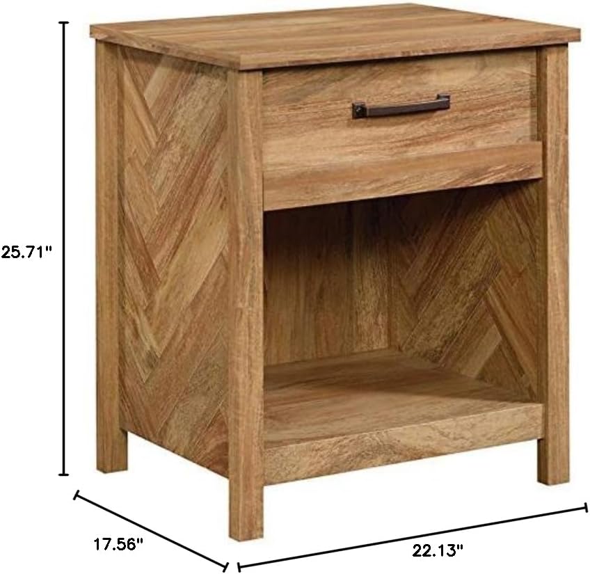 Pemberly Row 1 Drawer Wood Nightstand, Sindoori Mango Finish, 25.71" H x 22.13" W x 17.56" D, Engineered Wood and Metal, Open Shelf, Herringbone Pattern, Bedroom Bedside Table for Storage and Décor