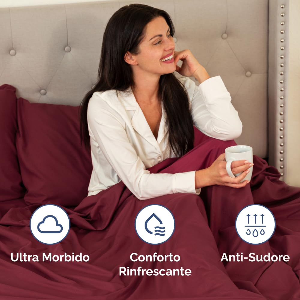 Set lenzuola una piazza e mezza 4 pezzi 135x190 cm - morbida microfibra spazzolata, traspirante e certificata OEKO-TEX - lenzuolo con angoli, lenzuolo piatto 225x255 e 2 federe 50x80 - Borgogna