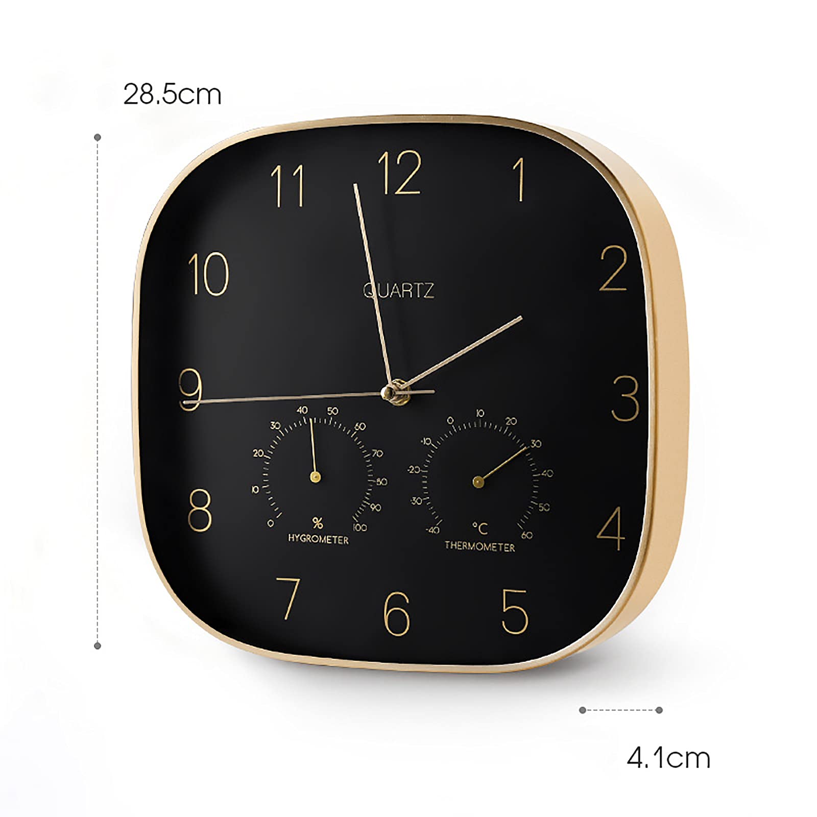 Harewu Orologio da parete moderno al quarzo, silenzioso, indicatore di temperatura e umidità, funzionamento a batteria, per cucina, soggiorno, ufficio, ingresso, colore nero