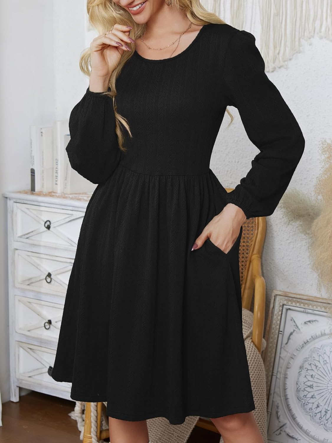 PerZeal Women's Casual Sweater Dress Ribbed Knit Long Sleeve Crew Neck A-Line Knee Length Midi Dresses with Pockets - Image 3