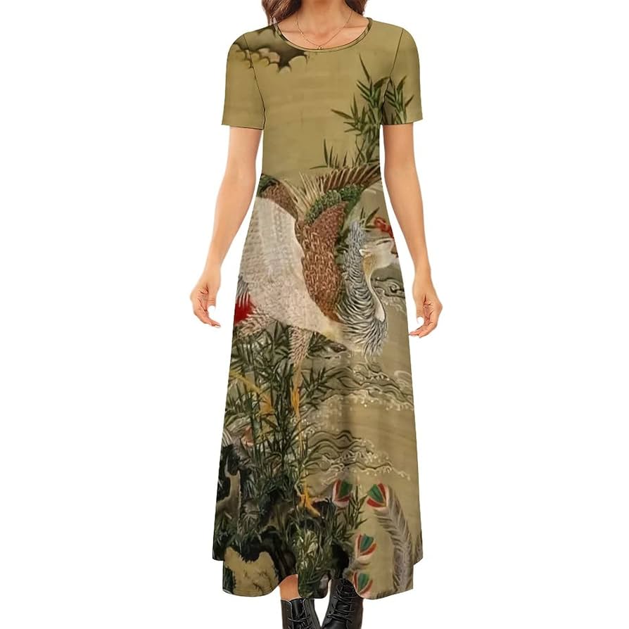   ラウンドネック 半袖 ドレス ワンピース Amazon.co.jp: 伊藤若冲シリーズ 旭日鳳凰図- ラウンドネック