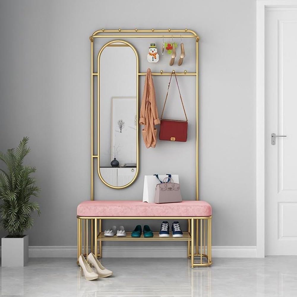 MYUYEE Metal Coat Rack With Shoe Bench And Hook, Multifunctional Entry Bench With Coat Rack, Free Standing Coat Tree, With Mirror,Easy To Assemble For Living Room, Hallway(A-)