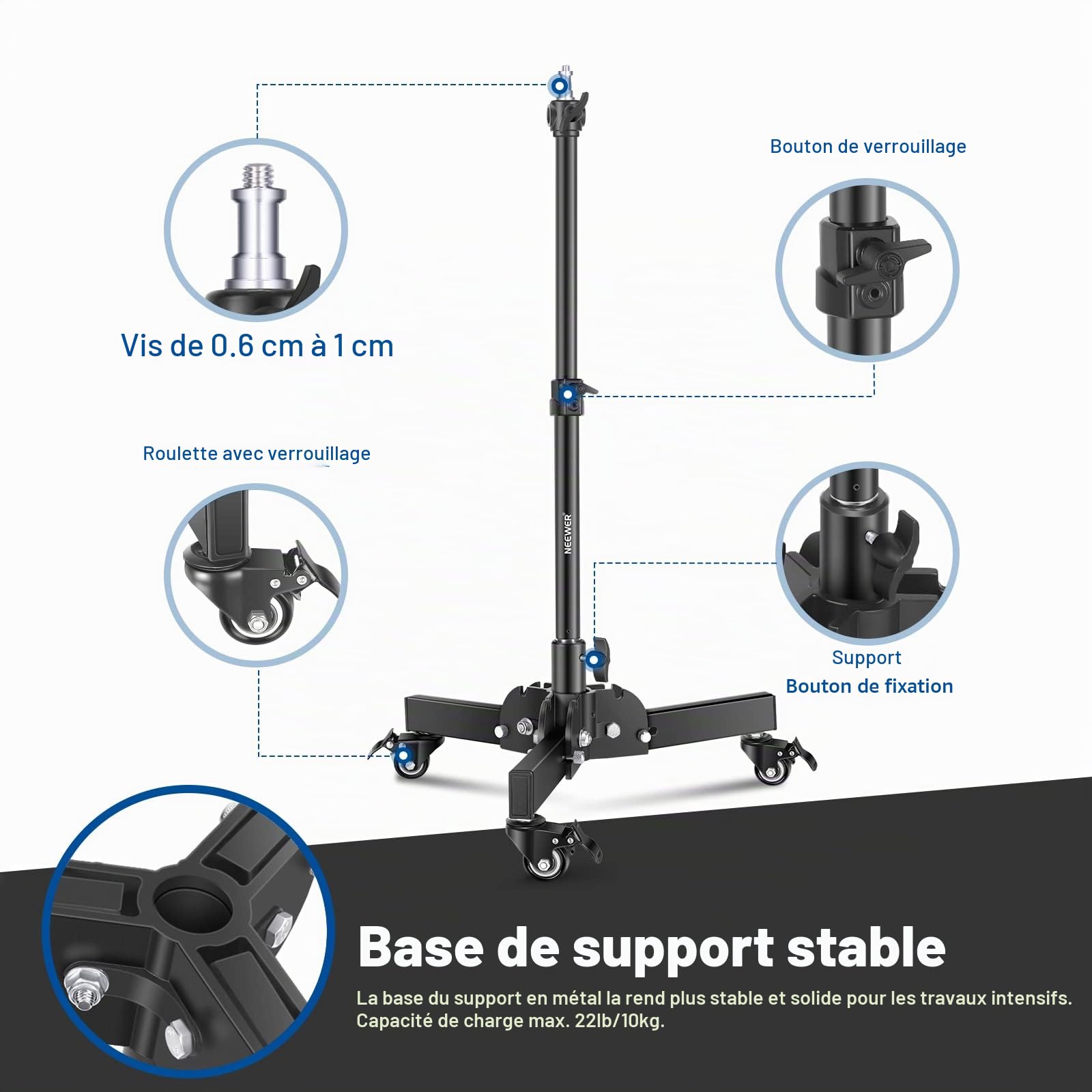 NEEWER ST72 Lot de 2 trépieds de lumière robustes avec roulettes, hauteur max. 2,4 pieds, trépied pliable pour prise de vue à faible angle, trépied de lumière pour boîte à lumière, monolight et autres