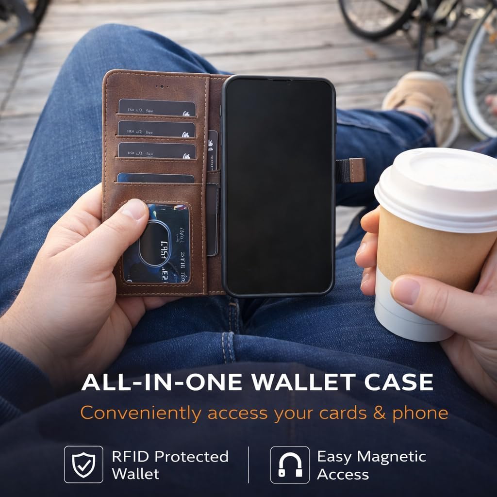 Vegas Wallet Phone Case Compatible with iPhone 15 Pro 6.1in – Elegant Full-Grain Leather Phone Case Wallet – Card Holder Wallet RFID Blocking with Kickstand, Card Slots (Dark Brown)