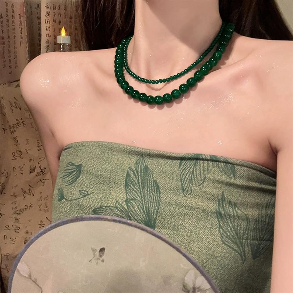 Green Crystal Beaded Choker Necklace for Women Dainty Layered Natural Stone Balls Bead Collar Statement Necklaces Handmade Strand Beads Jewelry Gifts - Image 2