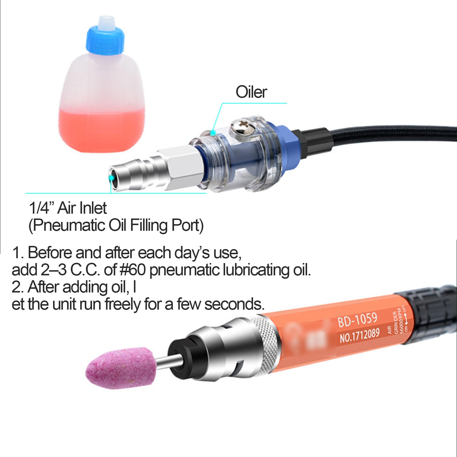 Szlifierka pneumatyczna 65000 obr./min, ręczne narzędzie pneumatyczne z głowicą szlifierską 2,38/3 mm, złącze wlotu powietrza 1/10.2 cm, silny moment obrotowy, do grawerowania znaków na