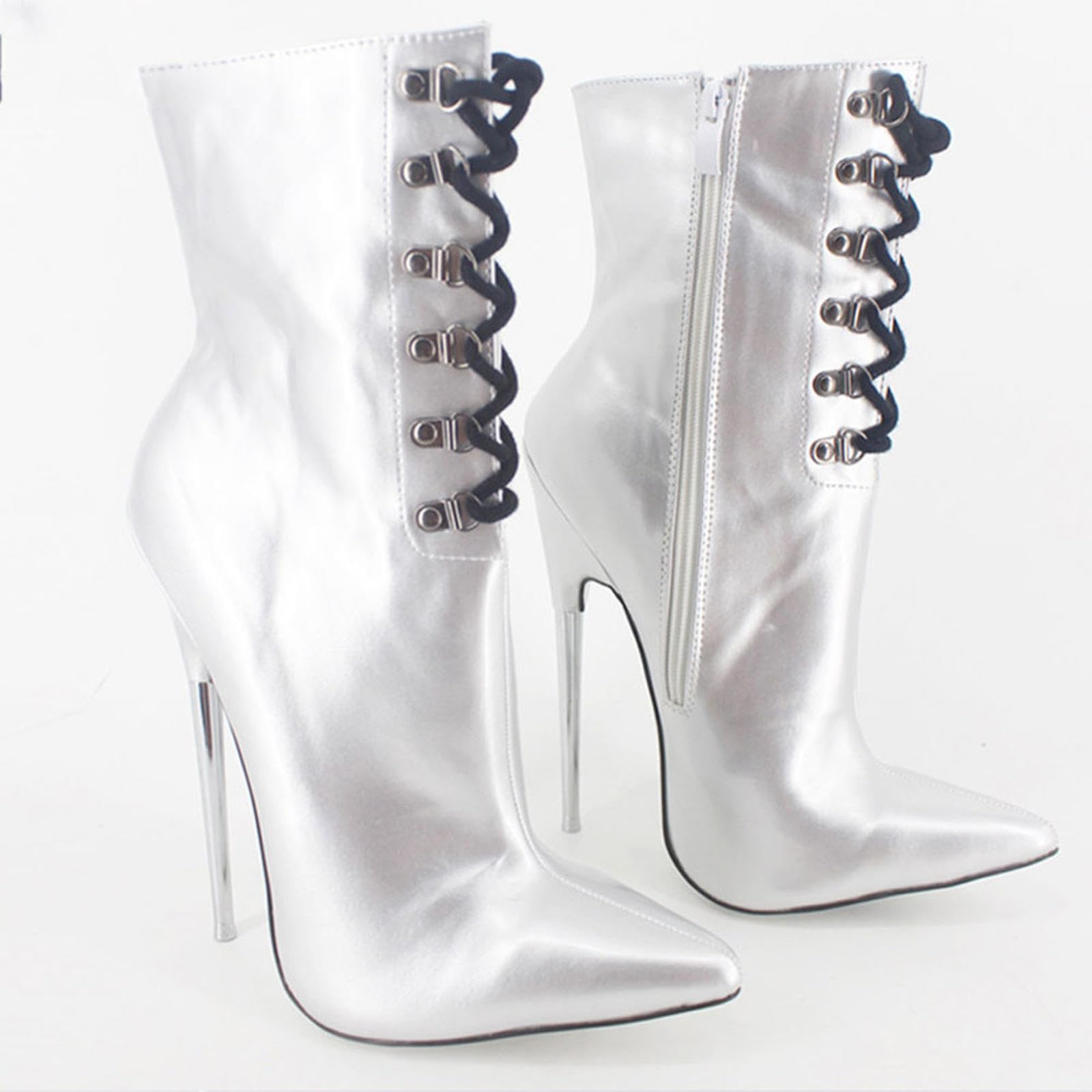 Tacchi Donna Tacchi Alti 18cm Stivaletti Argento Metallizzato Tacco Fine Punta in Vernice,Silver-39