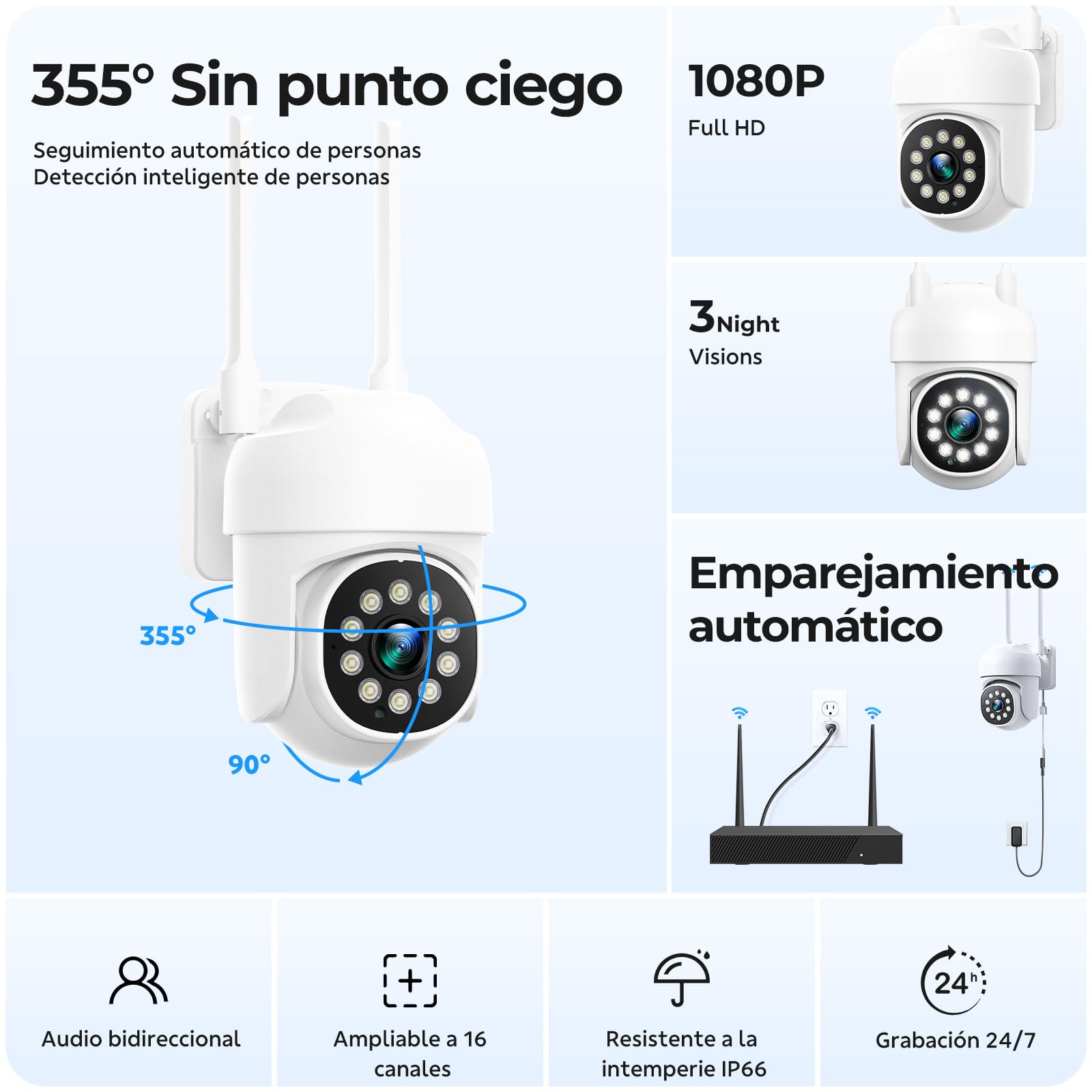 Camcamp Kit Camaras de vigilancia, 8X PTZ Cámara Vigilancia WiFi Exterior, Seguimiento Automático, Visión Nocturna en Color, Grabación 24/7, 16CH NVR con Memoria Local de 500 GB, Audio Bidireccional