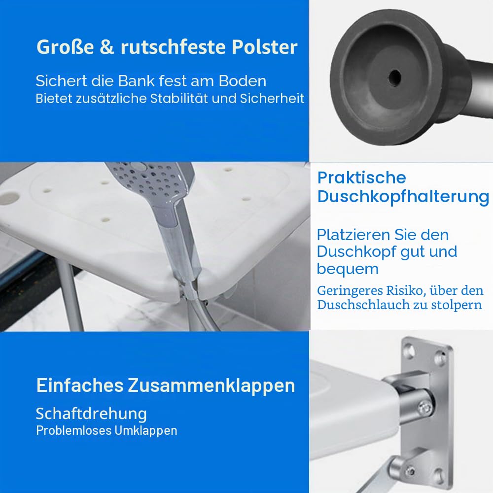 Zusammenklappbarer Duschhocker, Wandmontage, verschraubter Badhocker mit rutschfesten Füßen, Ablaufloch, Duschkopfschlitz für ältere Menschen mit Behinderungen, 42 - 53 mm
