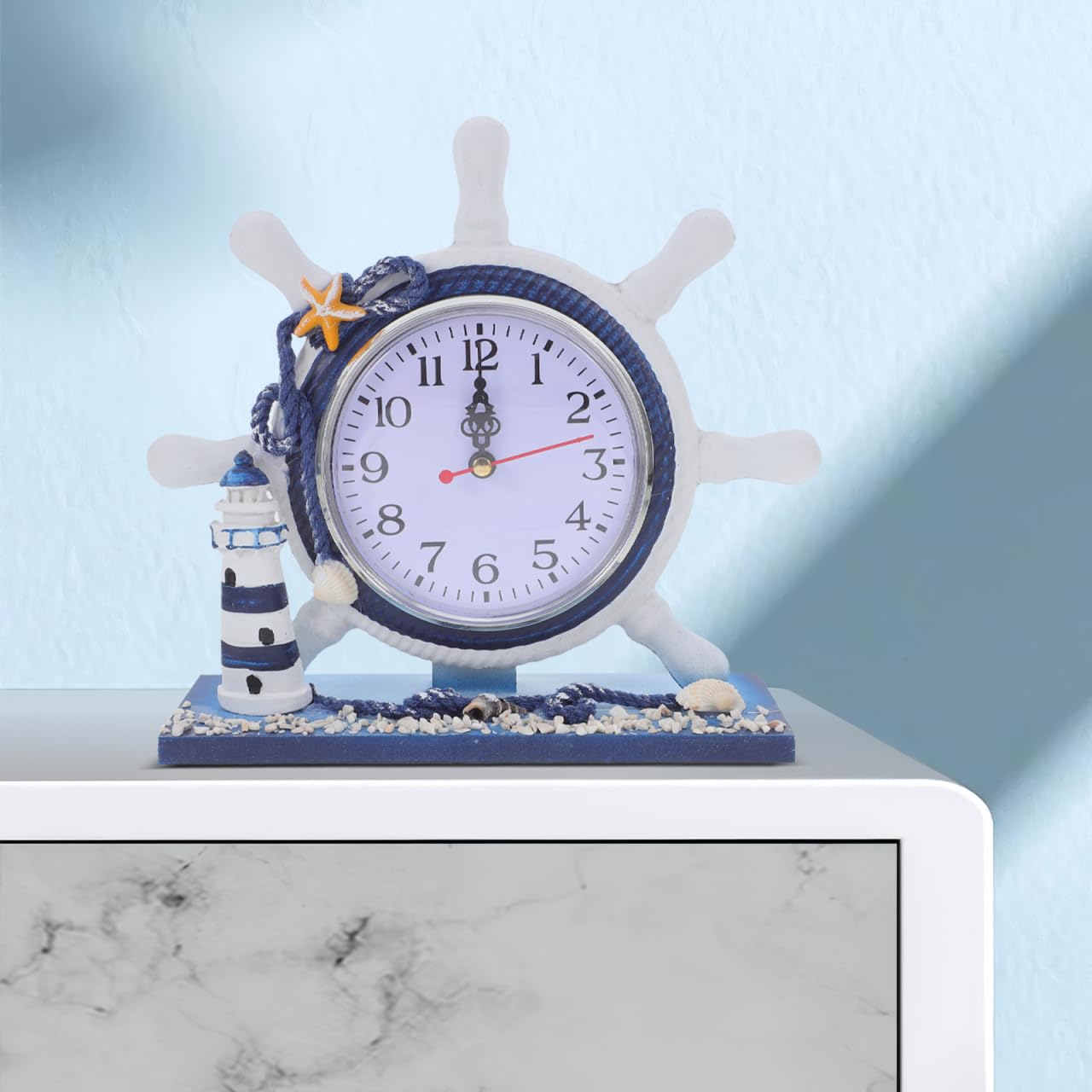 VICASKY Travel Cruise Clock Mediterranean Style Nautical Silent Desk Lighthouse Helm Wooden Clocks Ship Wheel Rudder Shelf Beach Theme Decor Ornament Wall Coastal Ocean Face Small Bathroom Office