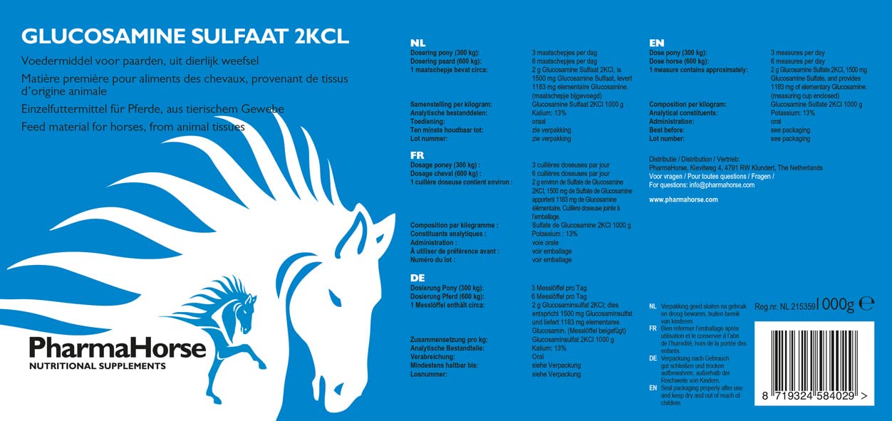 PharmaHorse Sulfate de glucosamine 2KLC | sans Sucre ajouté | Articulation Cheval | Glucosamine Cheval | Sulfate de glucosamine 100% Pur | sans dopage | 1000 grammes