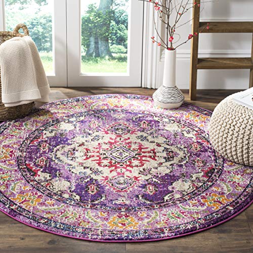 Safavieh Monaco Collection MNC243P Boho Chic Medallion Distressed Area Rug, 5' x 5' Round, Violet / Fuchsia