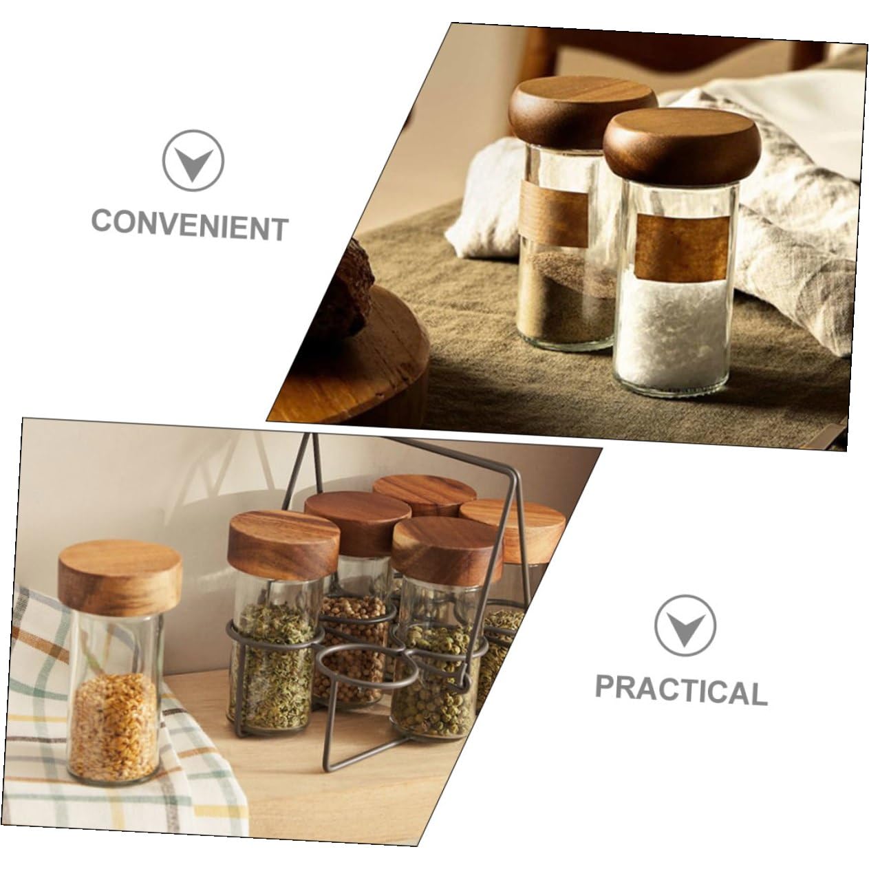 STOBAZA Vasetti per Spezie in Vetro Coperchio in Legno e Vassoio in Acacia Contenitori per Condimenti Sigillati per Zucchero e Spezie per Cucina Ristorante e Campeggio