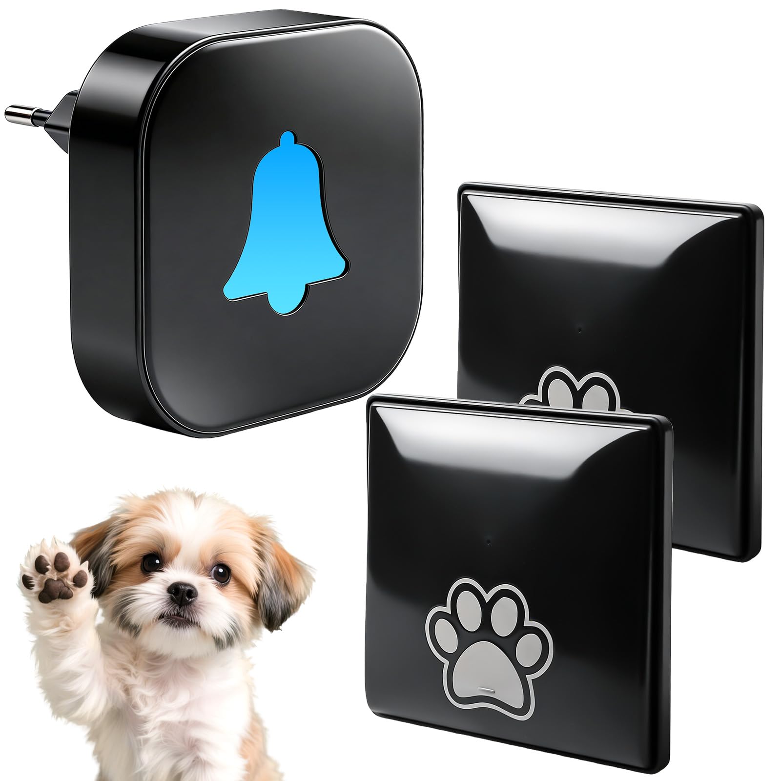 Campanello per cani, senza fili, per cani, senza fili, per cani, per animali domestici, 38 suonerie + 4 livelli di volume, campane da allenamento (1 ricevitore + 2 pulsanti)